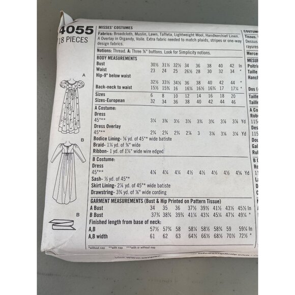 Simplicity 4055 Misses Regency Era Costume Sewing Pattern Sizes RR 14-20 Vintage - Picture 4 of 6